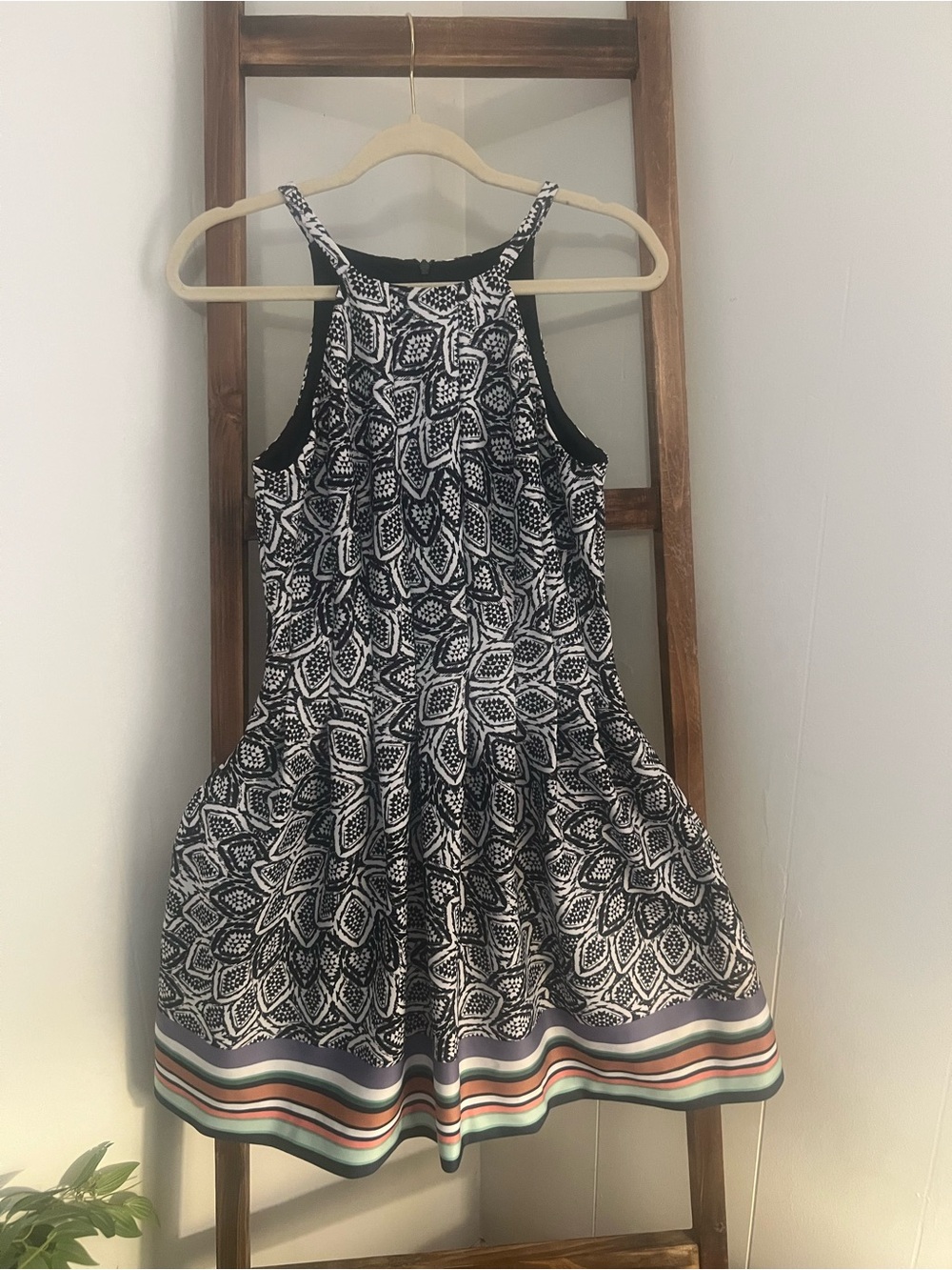 Vince Camuto Black & White Patterned Midi Dress with Striped Hem